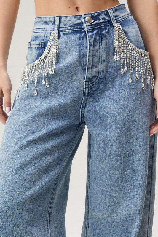 Jean en denim avec détails de chaîne à franges