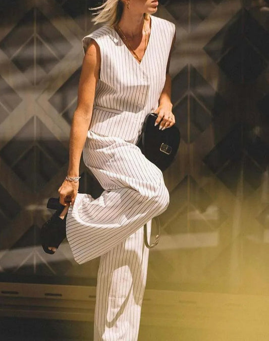 Ensemble deux pièces de bureau blanc imprimé, col en V, sans manches, pantalon