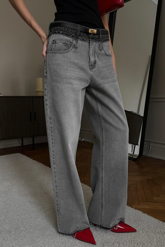 Jean droit vieilli avec patch à la taille