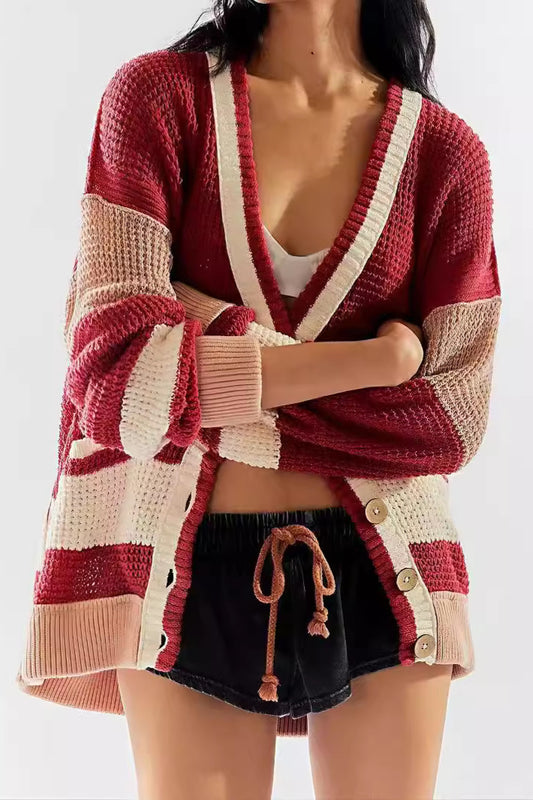 Cardigan en tricot à rayures et blocs de couleurs à col en V profond