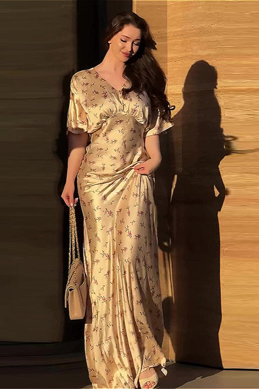 V Neck Cinched Waist Stylish Floral Dress