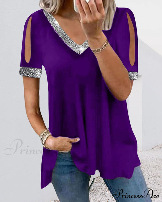 Solid V neck t-shirt Purple 23BF clothes Short Sleeve Tops T-shirts Tops/Blouses