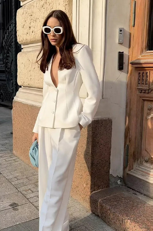 Ensemble deux pièces blazer et pantalon de bureau blanc à col en V profond