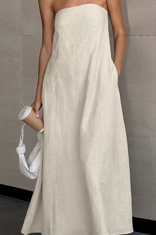 Robe longue dos nu sans bretelles en coton et lin kaki
