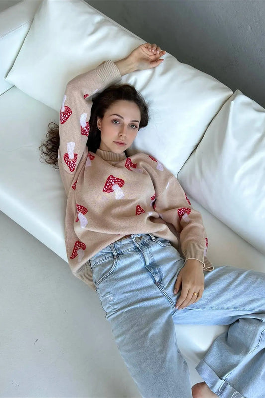 Pull en tricot jacquard champignon