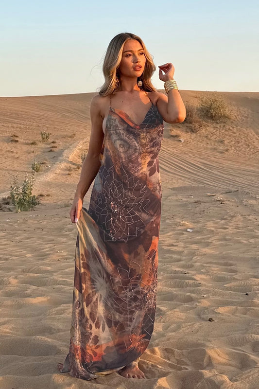 Robe longue dos nu imprimée style vacances