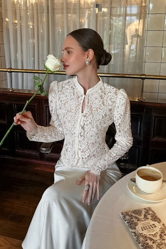 Pearl Button Floral Lace Blouse