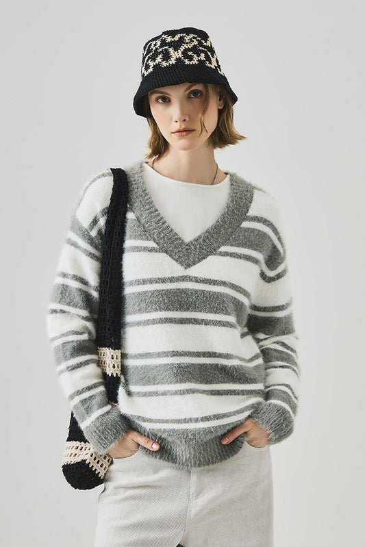 Striped V Neck Loose Long Sleeve Knit Sweater