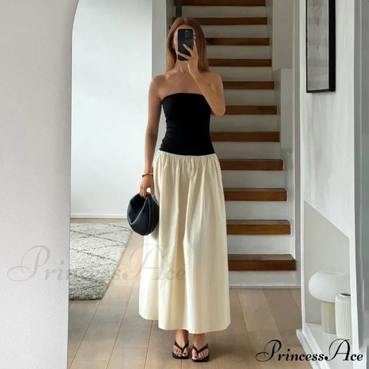 Black And White Charming Colorblock Tube Maxi Dress Open Shoulder Midi