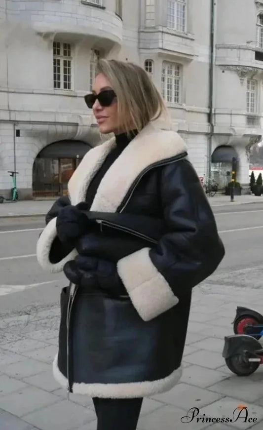 Black Faux Leather Charming Fur Lining Coat Coats-L