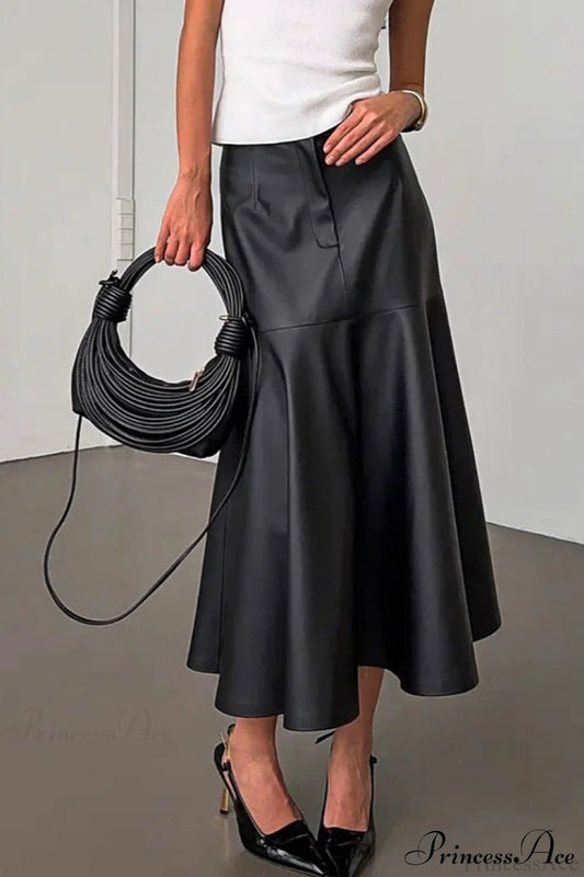 Black Faux Leather Midi Skirt Black / S