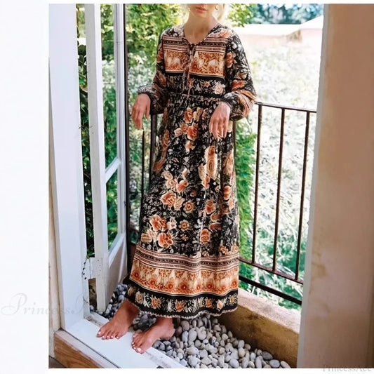 Black Floral Print Tie Neck Long Sleeve Rayon Maxi Boho Dress Black / S bohodress-250126