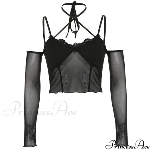 Black - With Mesh T-Shirt Rave Patchwork Sexy Goth Lace Clubwear As Picture / S