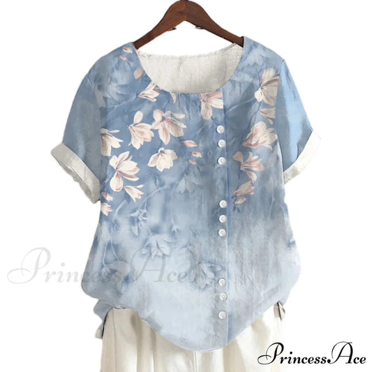 Blouse Casual For Fashion Loose Patterned Short-Sleeved Retro Summer Blouses