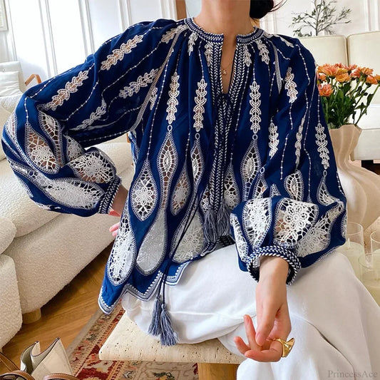 Blue Embroidery Lantern Sleeve Ethnic Boho Blouse Blue / S