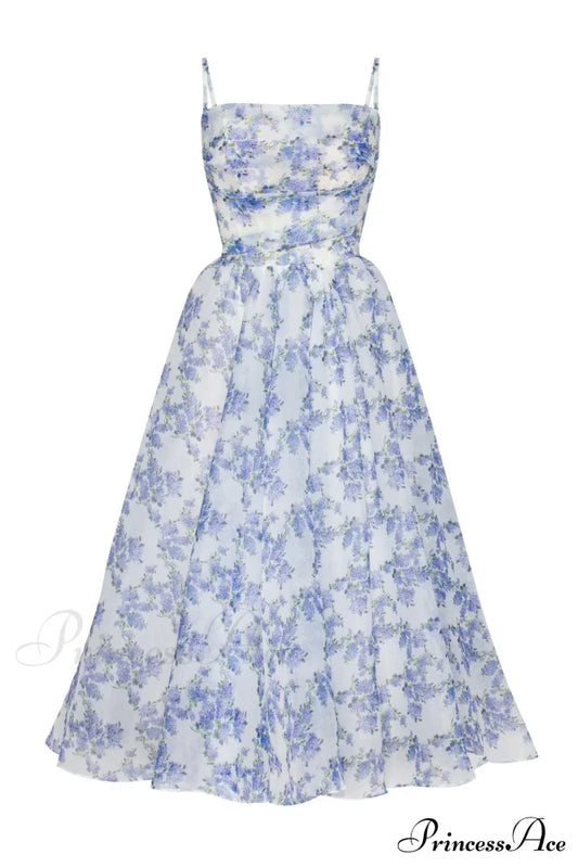 Robe mi-longue à bretelles spaghetti et motif hortensia bleu