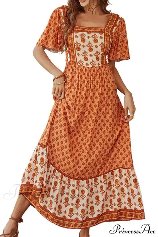 Bohemian Floral Print Ruffle Short Sleeve Women Boho Dress Dark Orange / S