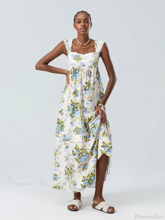 Bohemian Floral Tank Back Tied Square Neck Ruffle Flowy Floral Dress Green / S floraldress-250126