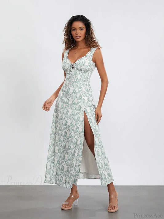 Bohemian Floral Tank Dress Sleeveless Ruffled Tie-up Sweetheart Floral Dress floraldress-250126
