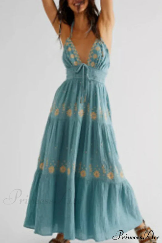 Bohemian Flower Birthday Beach Holiday Boho Dress Blue / S