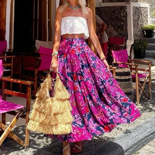 Bohemian Print Floral Summer High Waist Beach Loose Skirt Rose Red / S skirt-250126