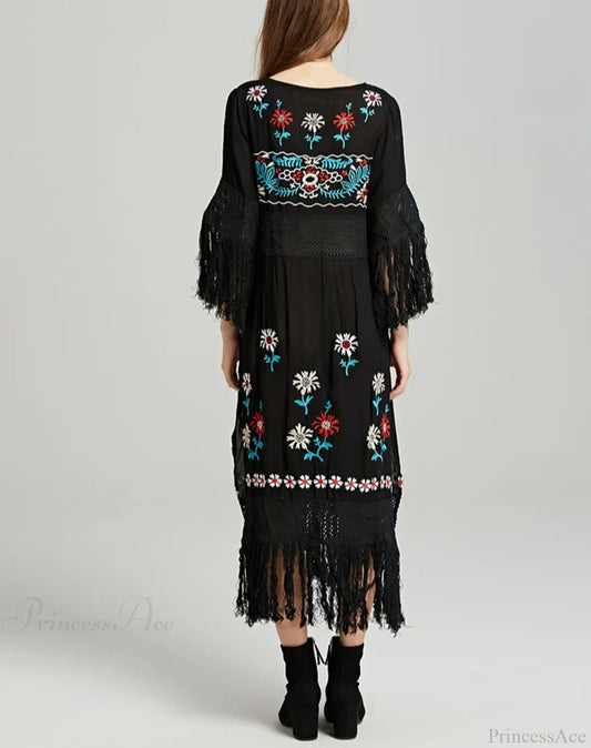 Boho Black Cotton Floral Embroidery Dress bohodress-250126