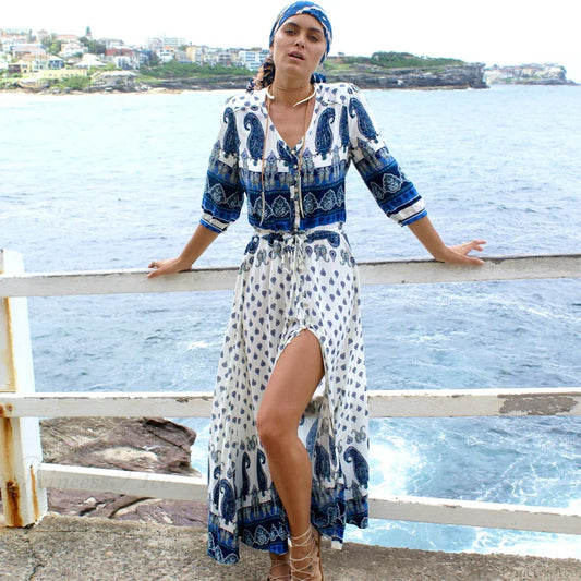 Boho Blue Floral Print V-neck Drawstring Waist Summer Dress bohodress-250126