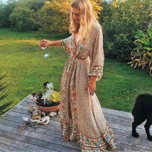 Boho Floral Print Maxi Dress Khaki / S bohodress-250126