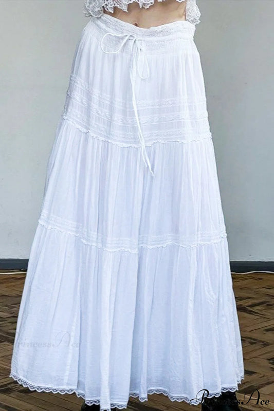 Boho Pleated Drawstring Maxi Skirt White / S