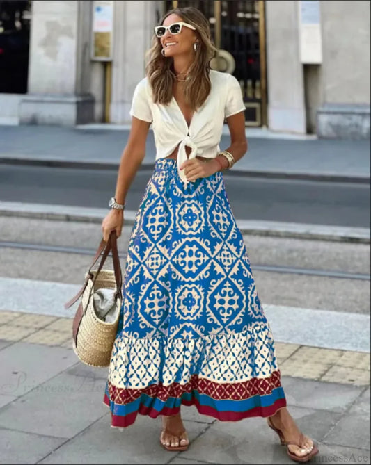Boho Print High Waist Maxi Skirt Casual Loose Summer Skirt SKY BLUE / S skirt-250126