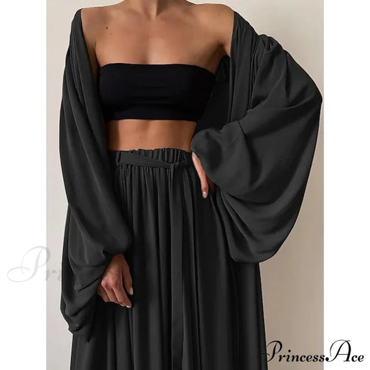 3-Piece Set: Women's Boho Solid Color Plus Size Black __stock:200 casual dresses clothes dresses refund_fee:1800