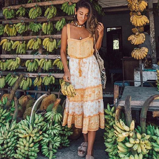 Boho Sundress Sexy Sleeveless Strap Rayon Floral Beach Dress Orange / S bohodress-250126