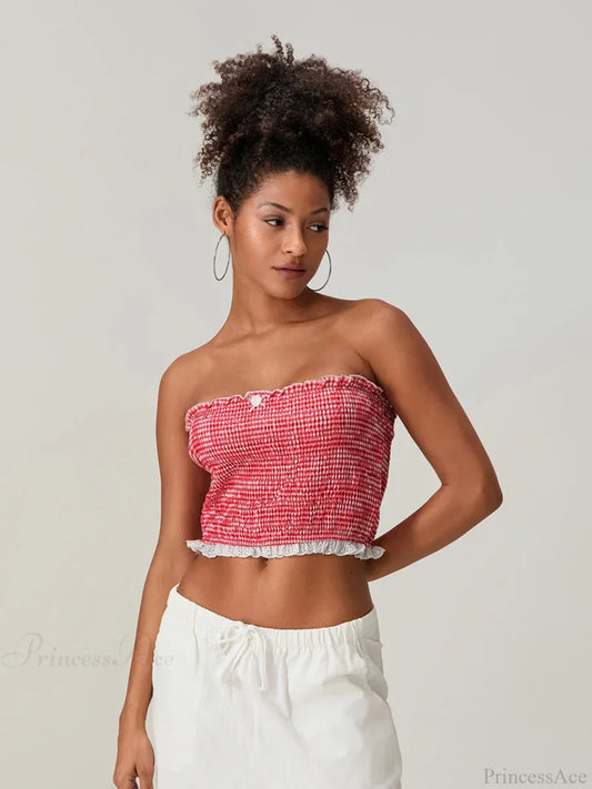 Bow Lace Smocked Strapless Backless Crop Bandeau Top Red / S croptop-250126
