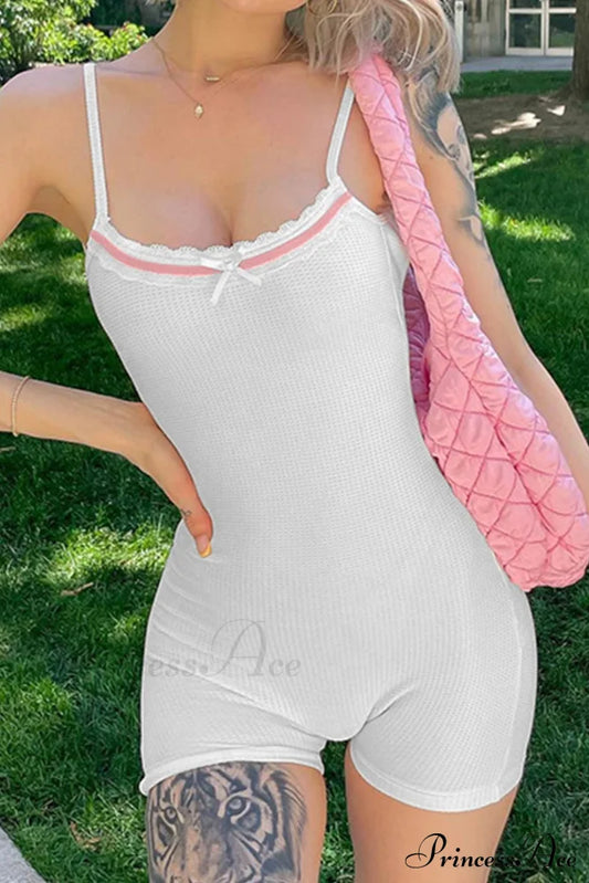 Bow-Tie Backless Bodycon Cami Rompers With Lacework White / S