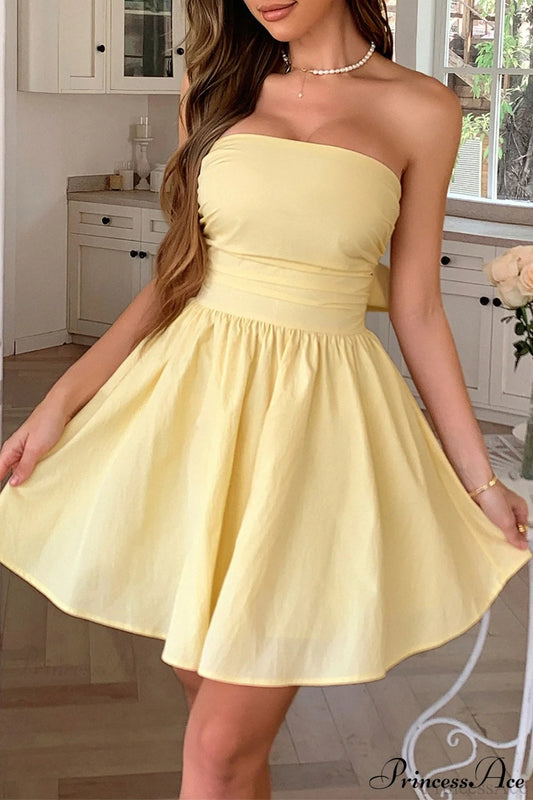 Bow Tie Elegant Ladylike Strapless Party Dress Yellow / S