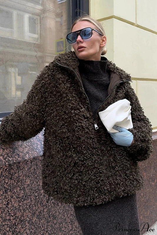 Brown Faux Fur Retro Thick Pullover Wool Coat Brown / S