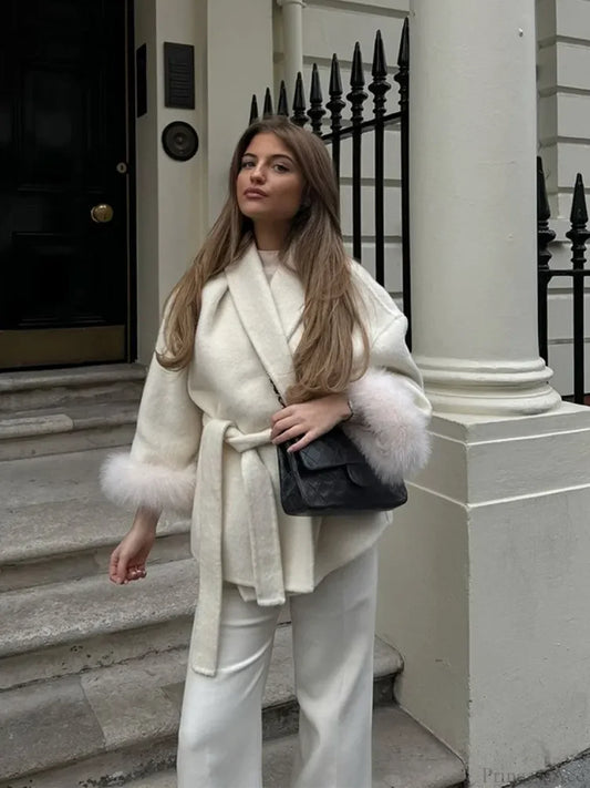 Burgundy Cuffed Woolen Coat White / S