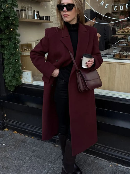 Burgundy Lapel Woolen Double-Breasted Overcoat Dark red / S