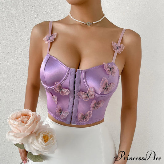 Butterfly Applique Hook And Eye Classic Silky Satin Corset Top - Champagne S / Purple Tops