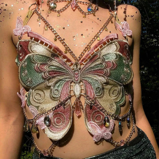 Butterfly Embroidered Crystal Chain Backless Crop Top mixed / One Size croptop-250223