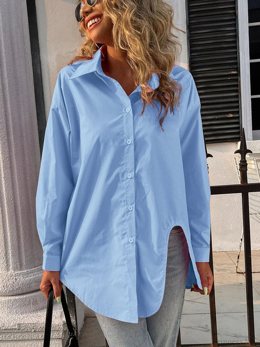 Button Down Casual Solid Collar Loose Blouse Blue / M blouse-250126