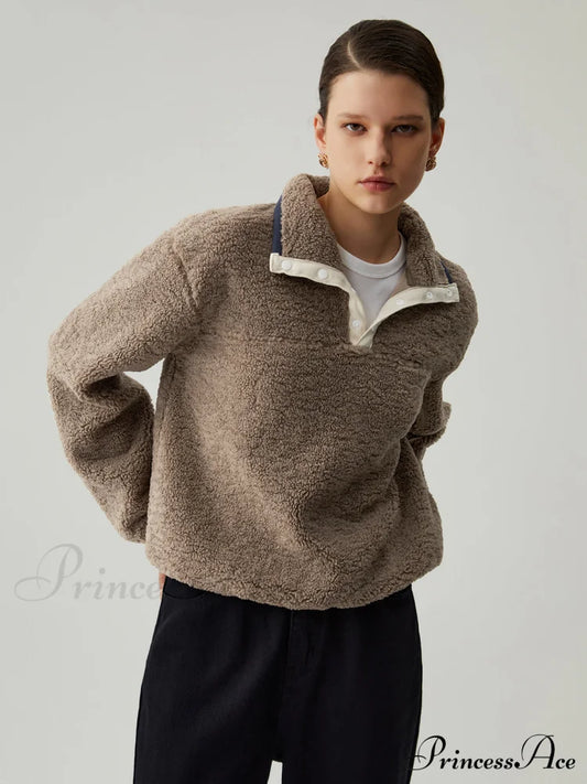 Button Down Collar Trendy Contrast Trim Sherpa Sweater Camel / Xs Sweatshirts