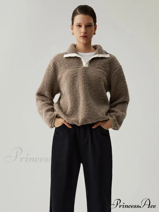 Button Down Collar Trendy Contrast Trim Sherpa Sweater Sweatshirts