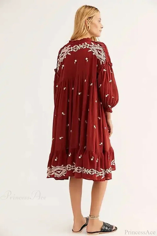 Button Up Black Embroidery Vintage Cotton Boho Dress bohodress-250126