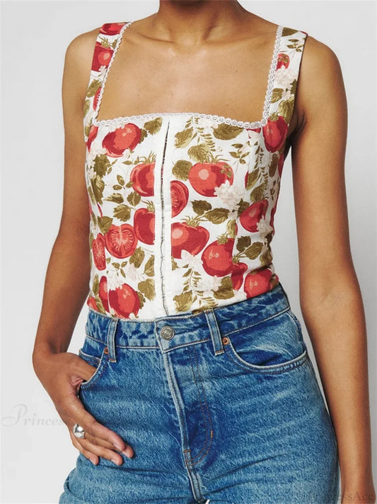 Button-up Square Neck Lace Floral Crop Top RED / S croptop-250126