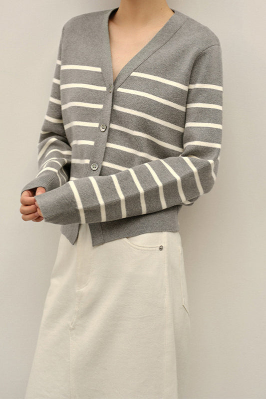Knit Striped V Neck Colorblock Cardigan