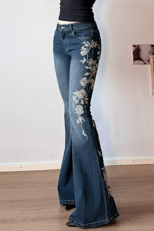 Vintage Gradient Rose Embroidery Bootcut Jeans