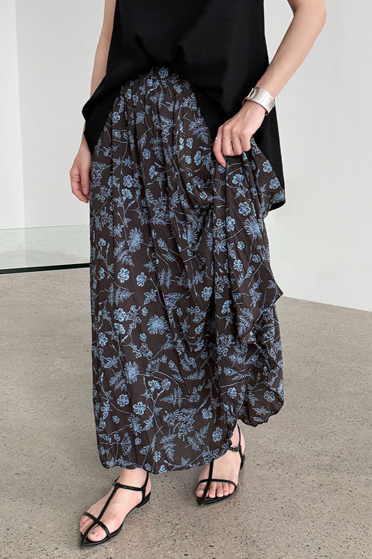 Jupe trapèze plissée taille haute à motif floral rétro