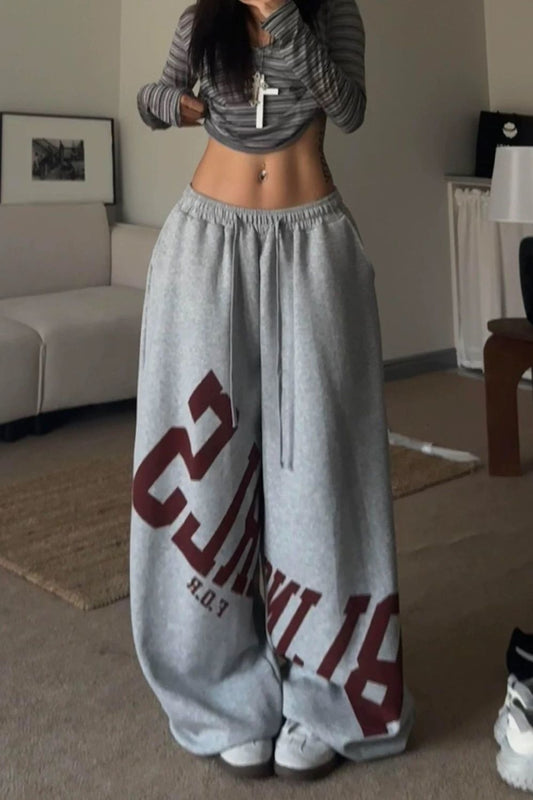 Loose Elastic Letter Printed Casual Pants