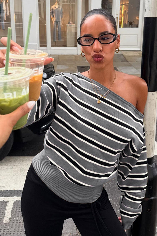 Off Shoulder Striped Color Block Long Sleeve Sweater Blouse